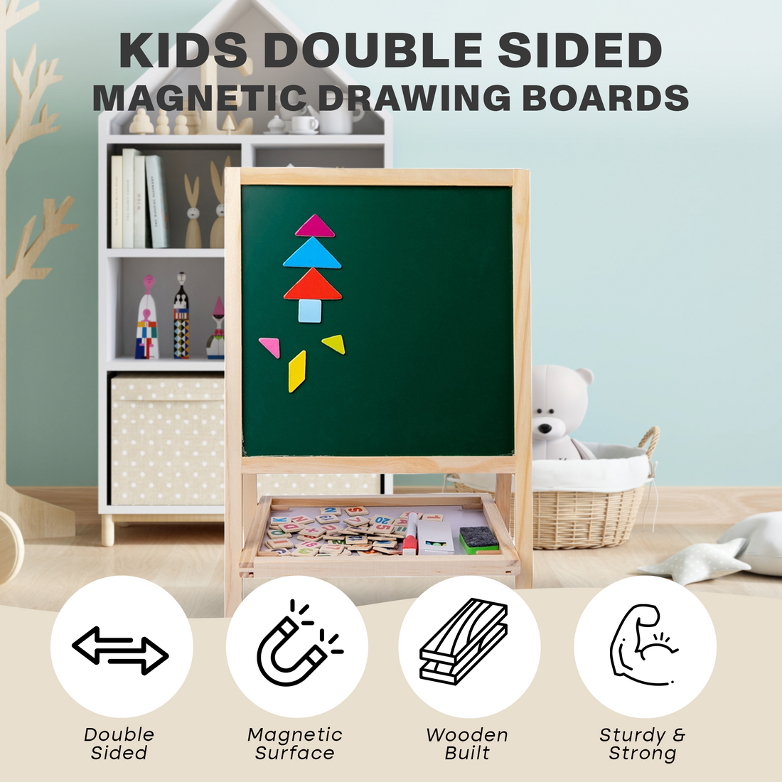 NEWDRU SketchBoard Pro 2-in-1 magnetic drawing board and blackboard easel for kids with art kit