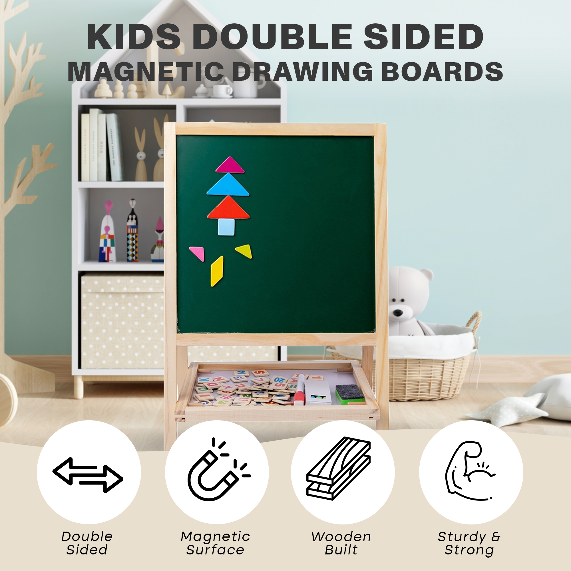 NEWDRU SketchBoard Pro 2-in-1 magnetic drawing board and blackboard easel for kids with art kit