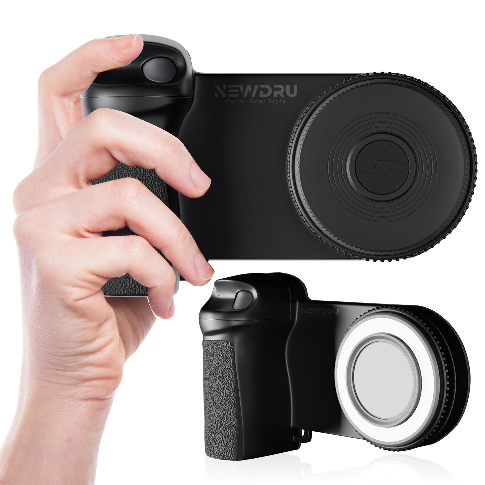 NEWDRU Light Buddy Pro magnetic selfie light clipped to a smartphone, showing the LED panel and Bluetooth shutter