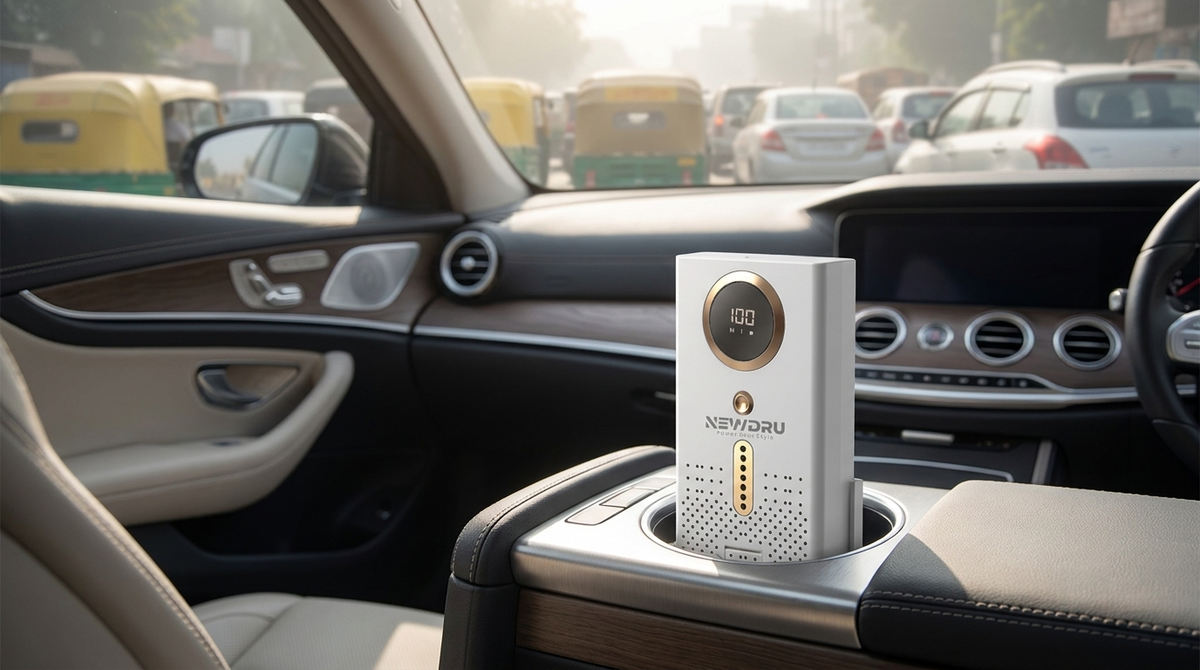 NEWDRU AirPure Elite car air purifier in a car cupholder during smoggy Indian city traffic