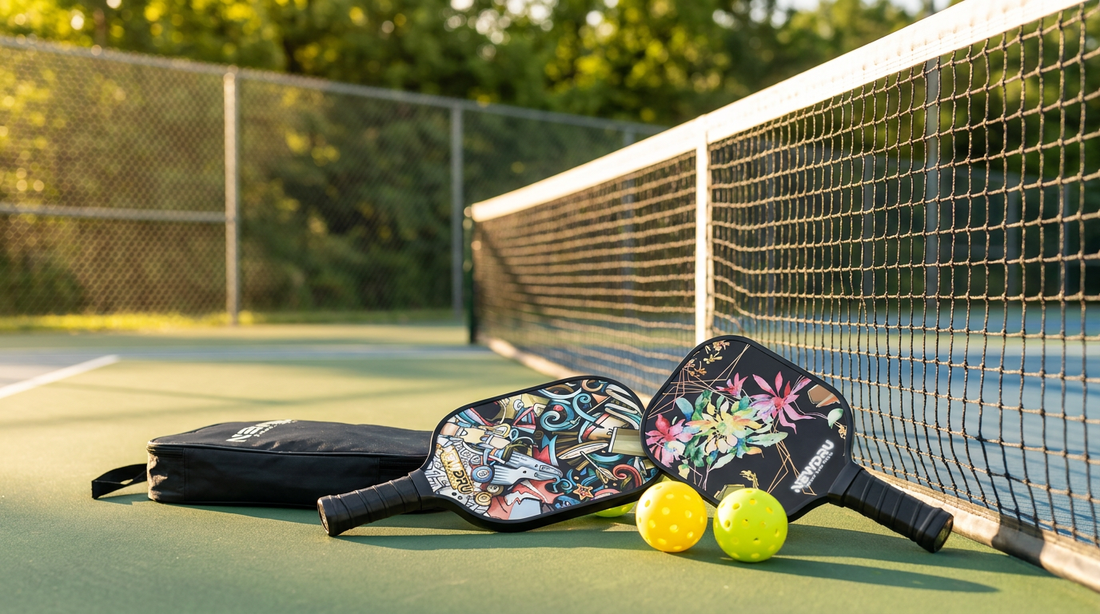 NEWDRU PicklePlay pickleball paddles and yellow balls on an outdoor court near the net