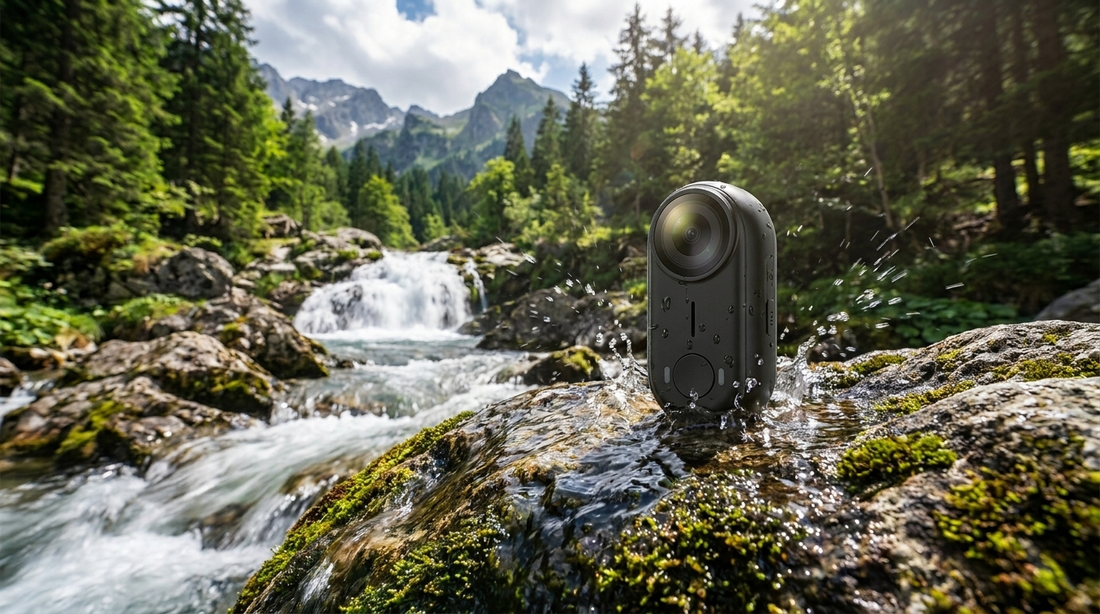 NEWDRU EpicShot 4K action camera on a rock beside a mountain stream