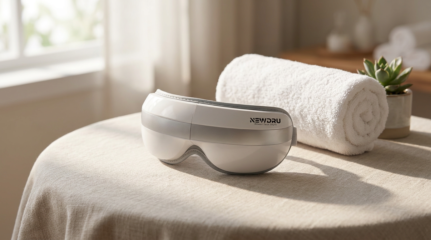 NEWDRU EyeSpa Pro electric eye massager on a calm table