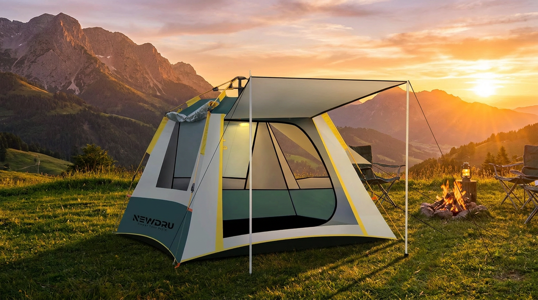 NEWDRU CampGuard Pro tent pitched at a hillside campsite at golden hour