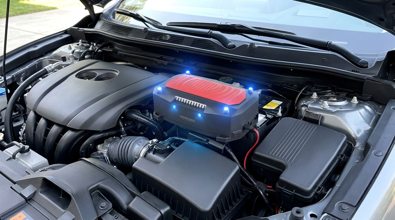 NEWDRU Rodent Guard Ultra device mounted in a clean car engine bay