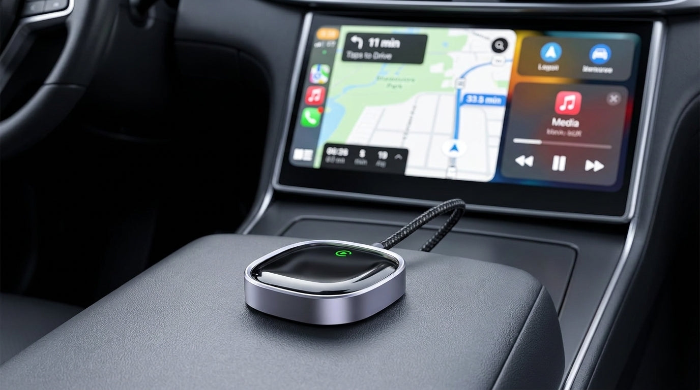 NEWDRU DriveSync Pro wireless CarPlay adapter by a car dashboard