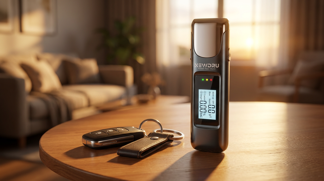 NEWDRU digital alcohol tester on a table beside car keys