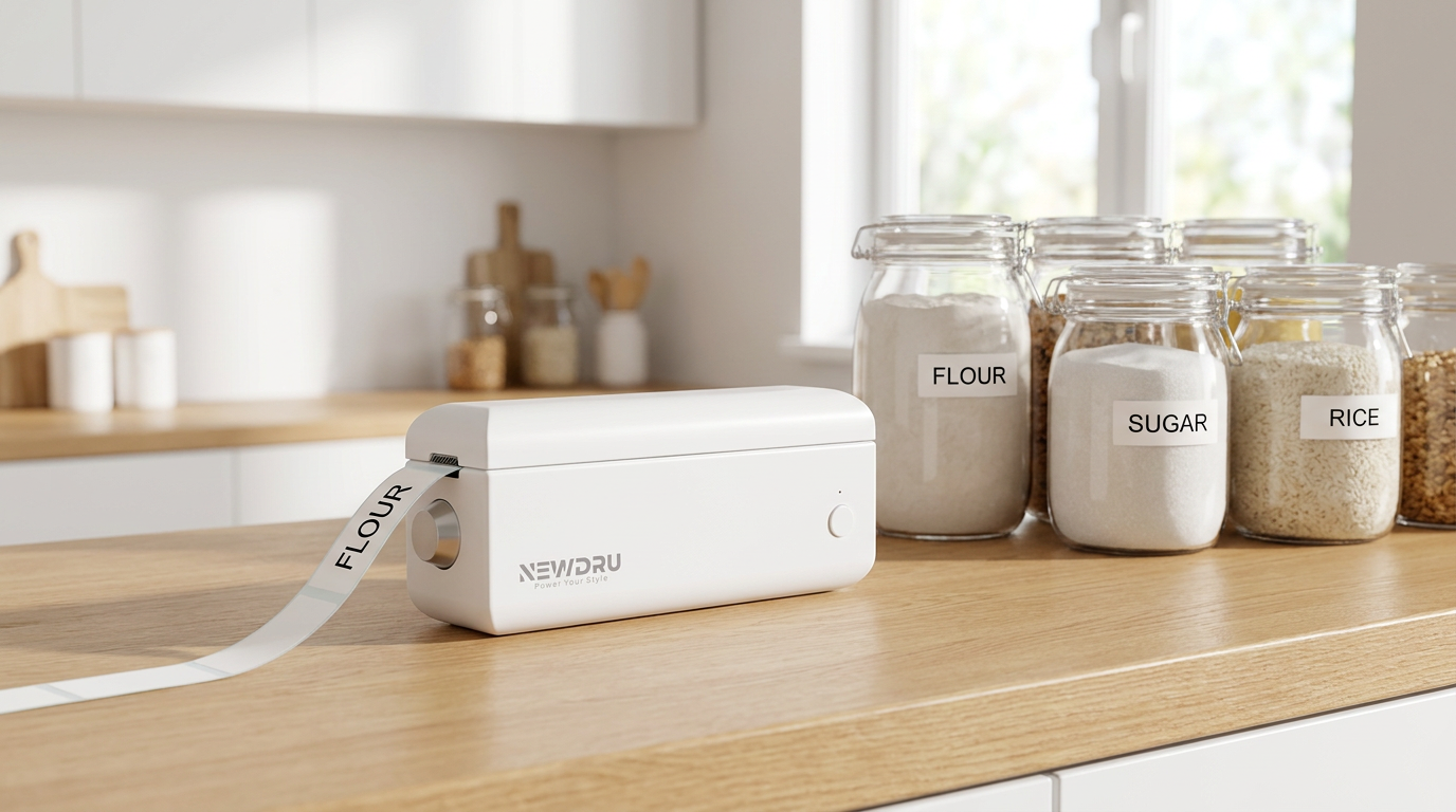 NEWDRU LabelEase inkless label printer printing a label in a kitchen