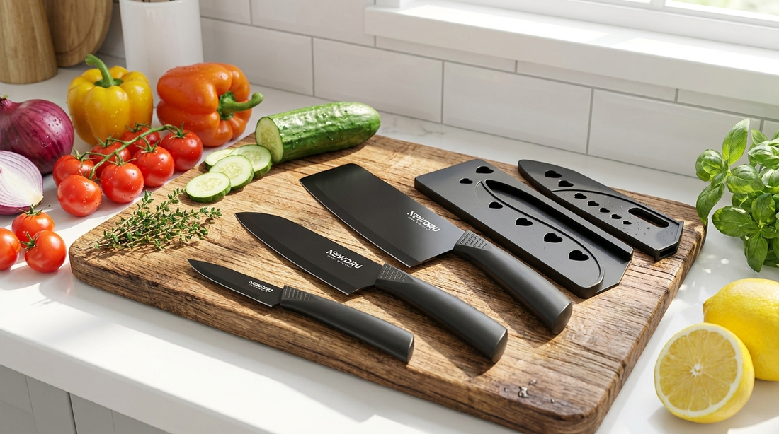 NEWDRU SwiftEdge stainless steel knives on a wooden board with vegetables