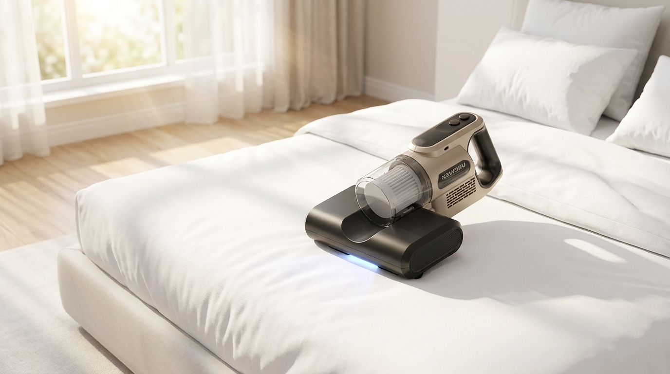NEWDRU UV-powered portable vacuum cleaning a bright mattress