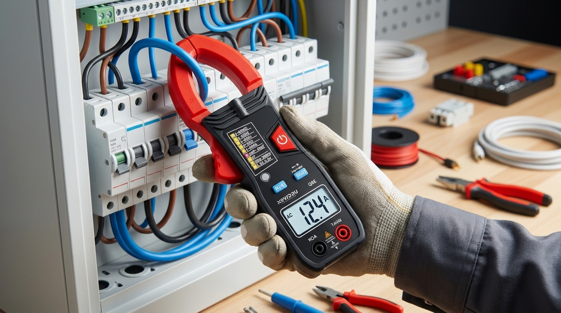 NEWDRU VoltGuard Pro digital clamp meter clamped around a single wire in a distribution board, showing a current reading