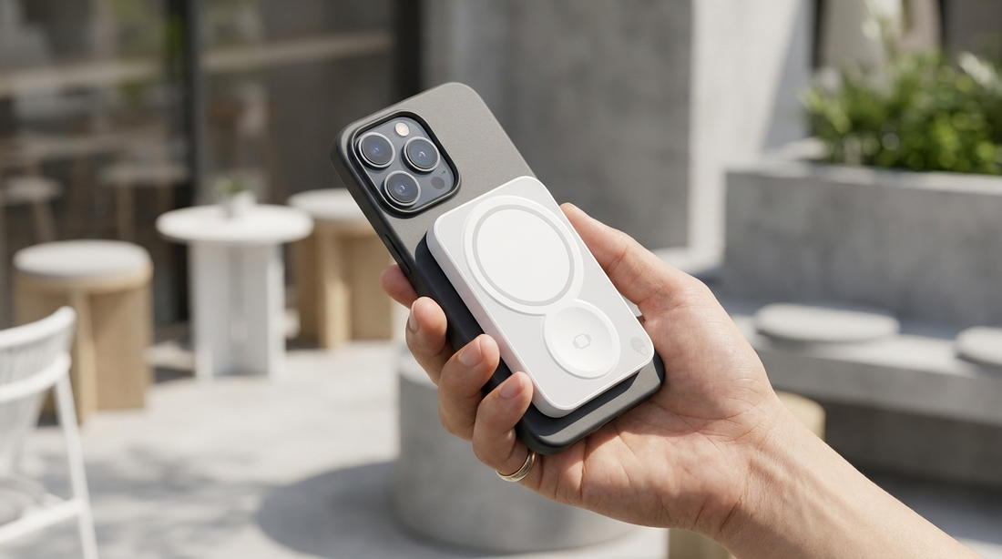 NEWDRU MagCharge Duo magnetic wireless power bank attached to the back of a smartphone
