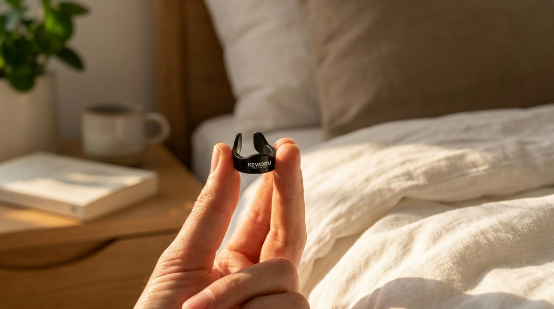 Small NEWDRU BreatheEase Pro nasal dilator held between fingertips showing its true compact size