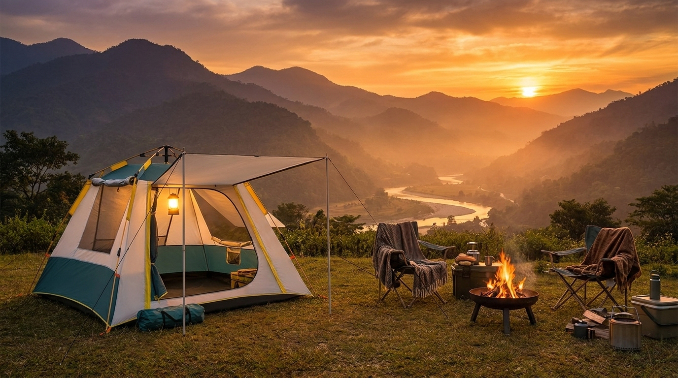 NEWDRU CampGuard Pro tent pitched at a campsite at dusk in the Indian hills