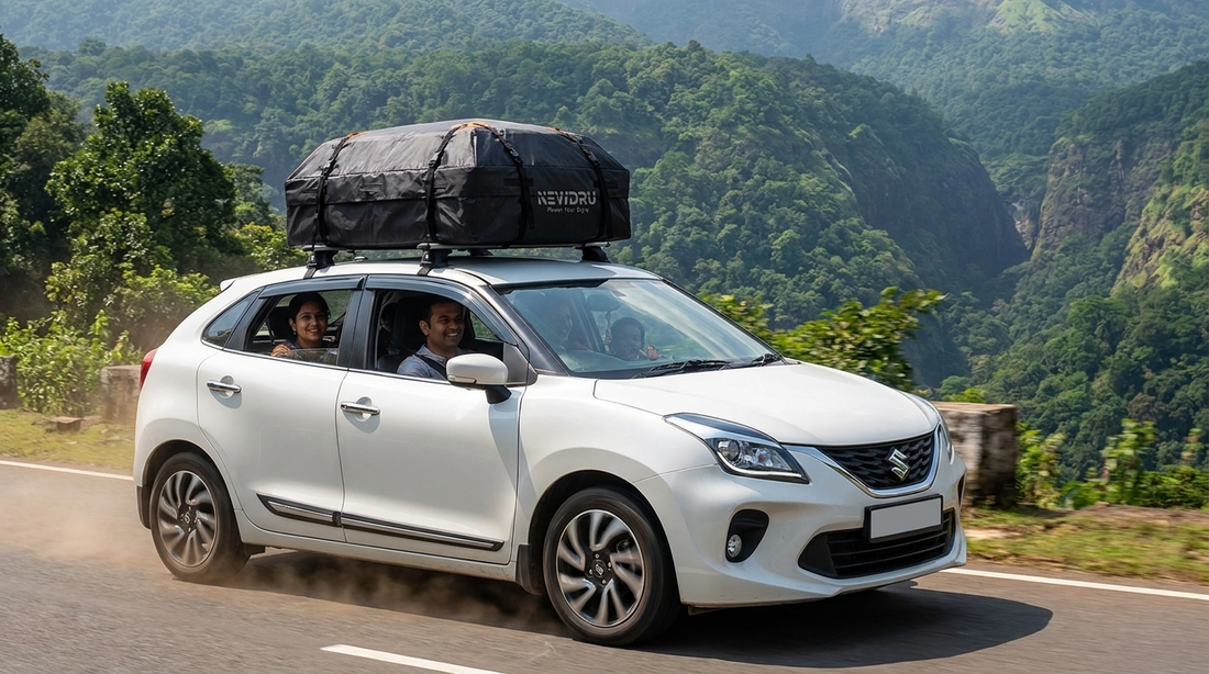 Family car on an Indian hill road with the NEWDRU RoofSpace Pro roof carrier loaded on top