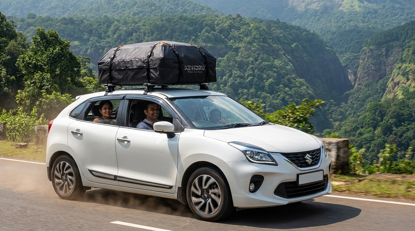 Family car on an Indian hill road with the NEWDRU RoofSpace Pro roof carrier loaded on top