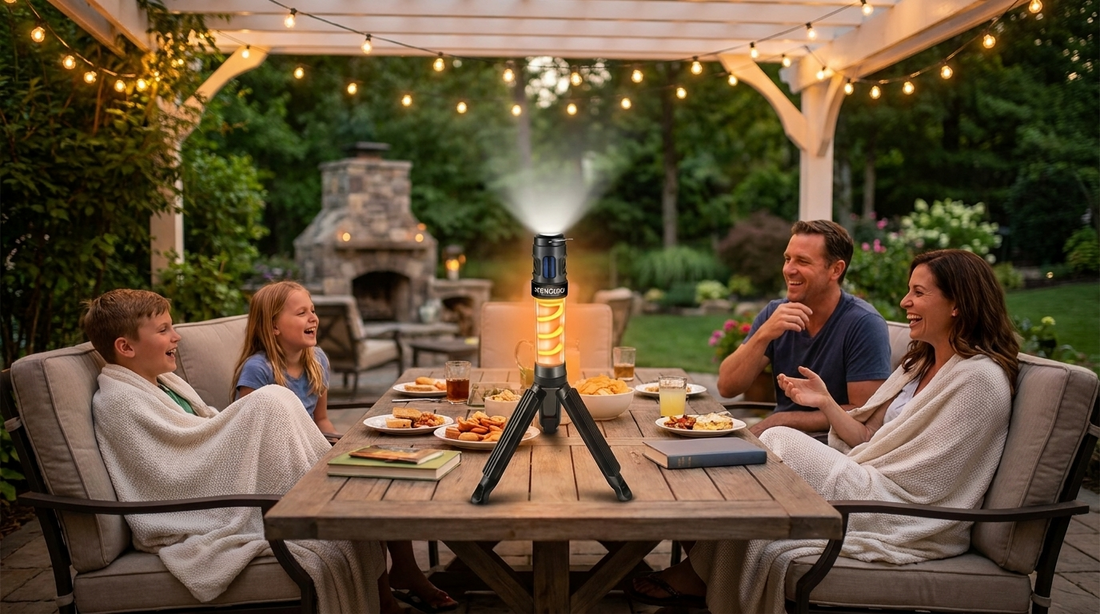 NEWDRU MosqGuard Pro lantern glowing on a home patio table keeping mosquitoes away