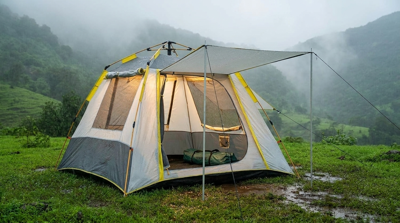 NEWDRU CampGuard Pro tent pitched in light monsoon rain in a green Indian valley