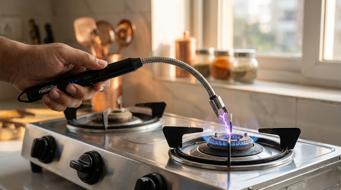 Hand using a NEWDRU SparkLite Pro rechargeable electric gas lighter to ignite a gas stove burner in an Indian kitchen