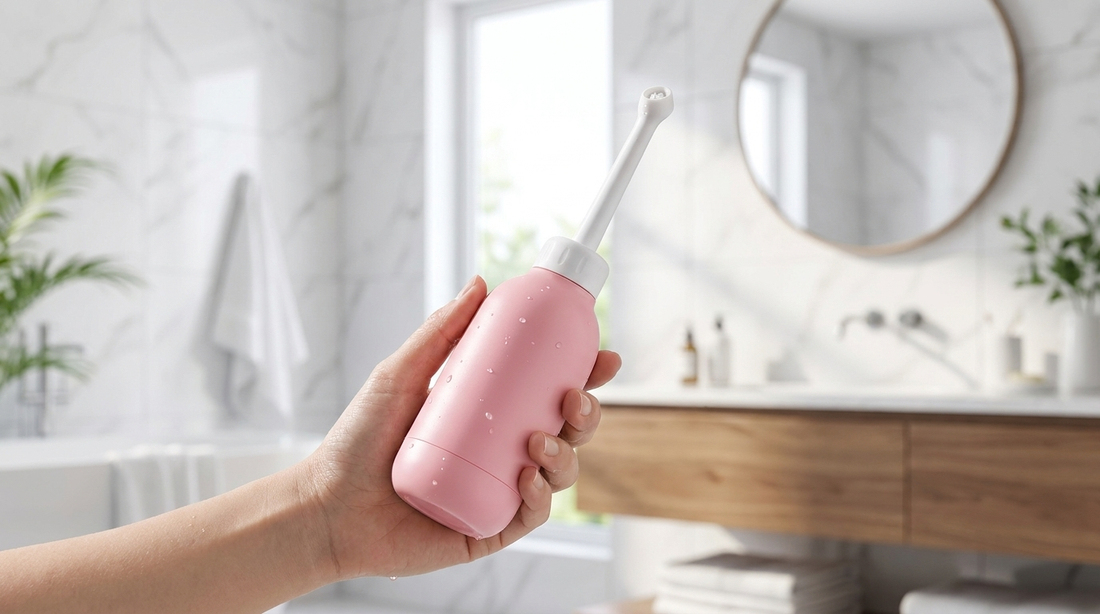 Pink CleanStream Pro portable electric travel bidet held in hand in a modern bathroom