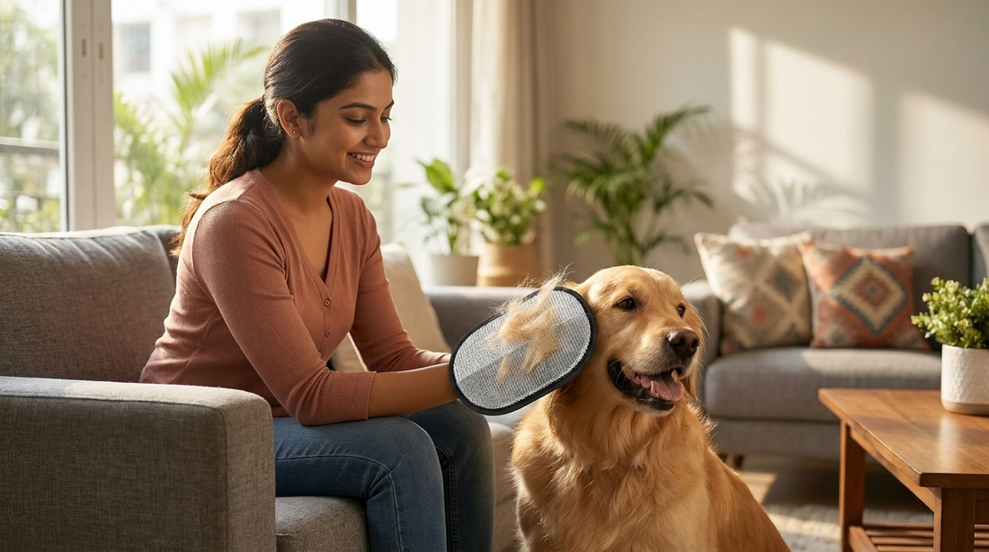 Woman wearing the NEWDRU pet hair removal glove petting a golden retriever on a sofa, lifting loose fur
