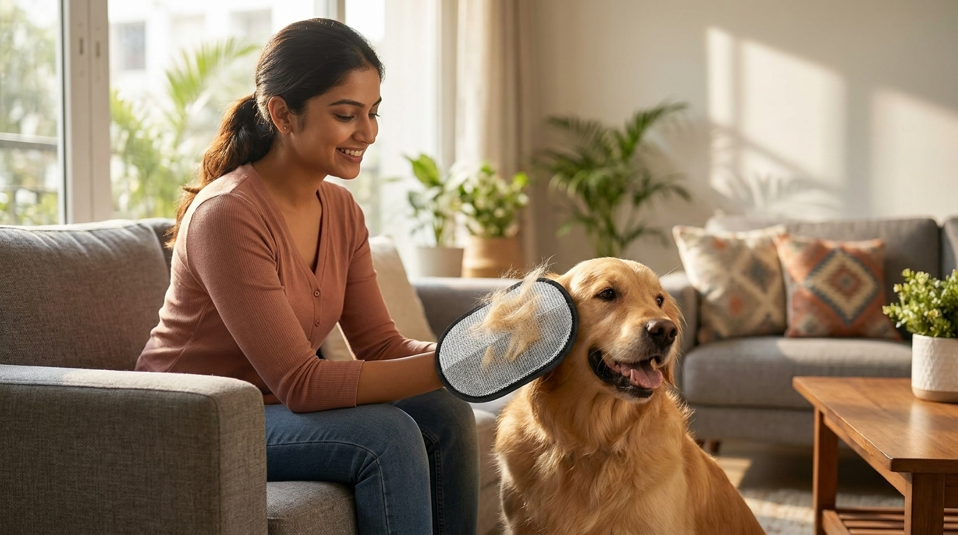 Woman wearing the NEWDRU pet hair removal glove petting a golden retriever on a sofa, lifting loose fur