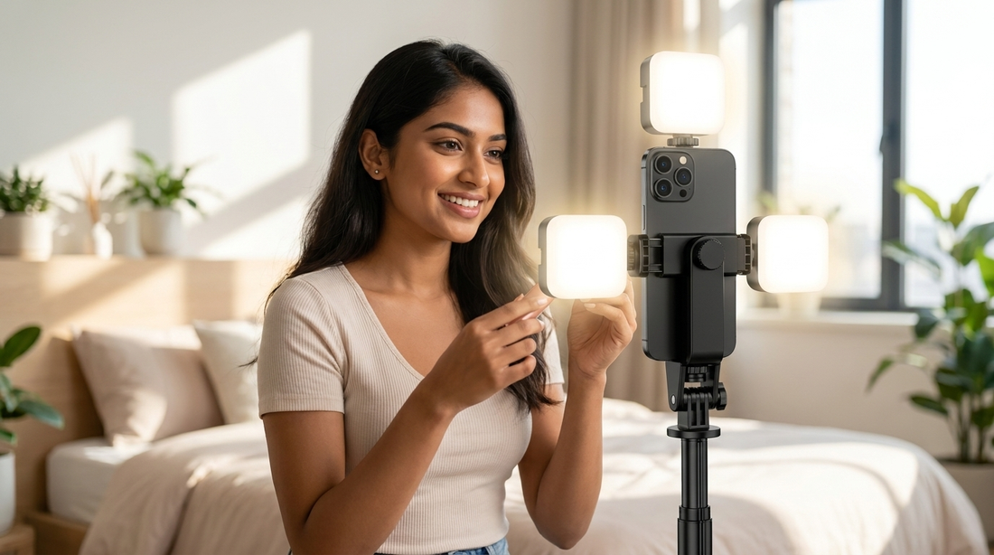 Creator filming a reel with a phone mounted on the NEWDRU LumiTripod 360 ring light with tripod stand