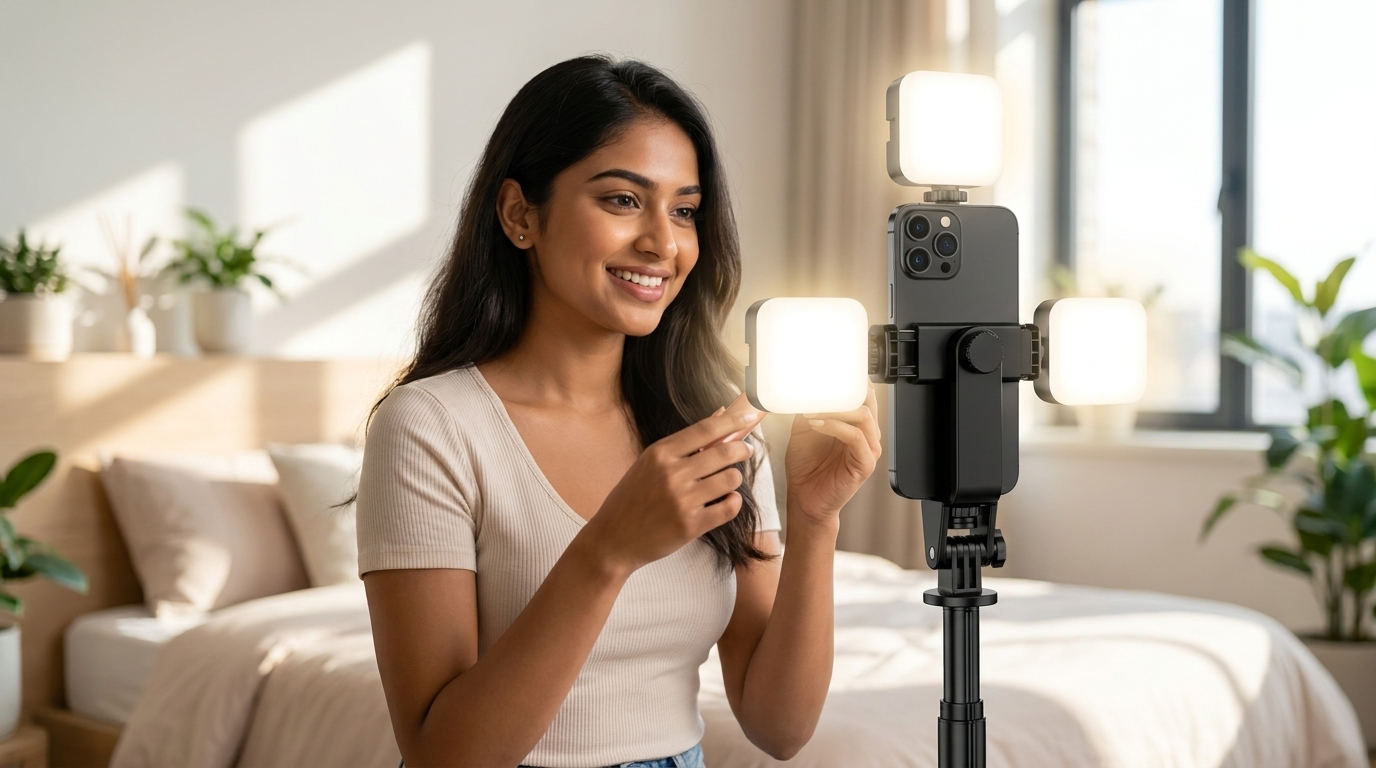 Creator filming a reel with a phone mounted on the NEWDRU LumiTripod 360 ring light with tripod stand