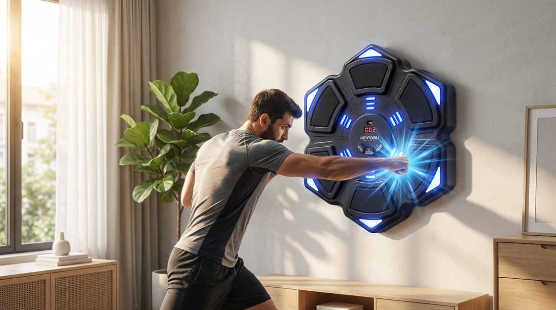 Adult punching a wall-mounted NEWDRU music boxing machine during a home cardio workout