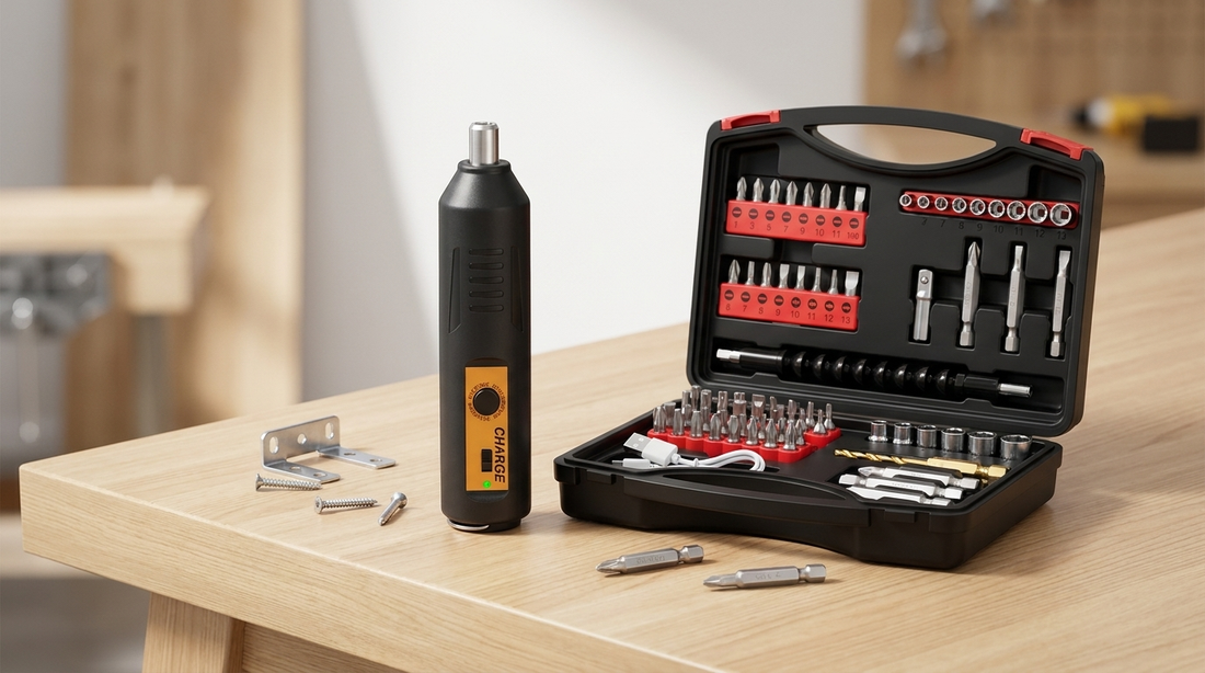 NEWDRU FixIt Pro rechargeable electric screwdriver with 47-piece bit set on a workbench
