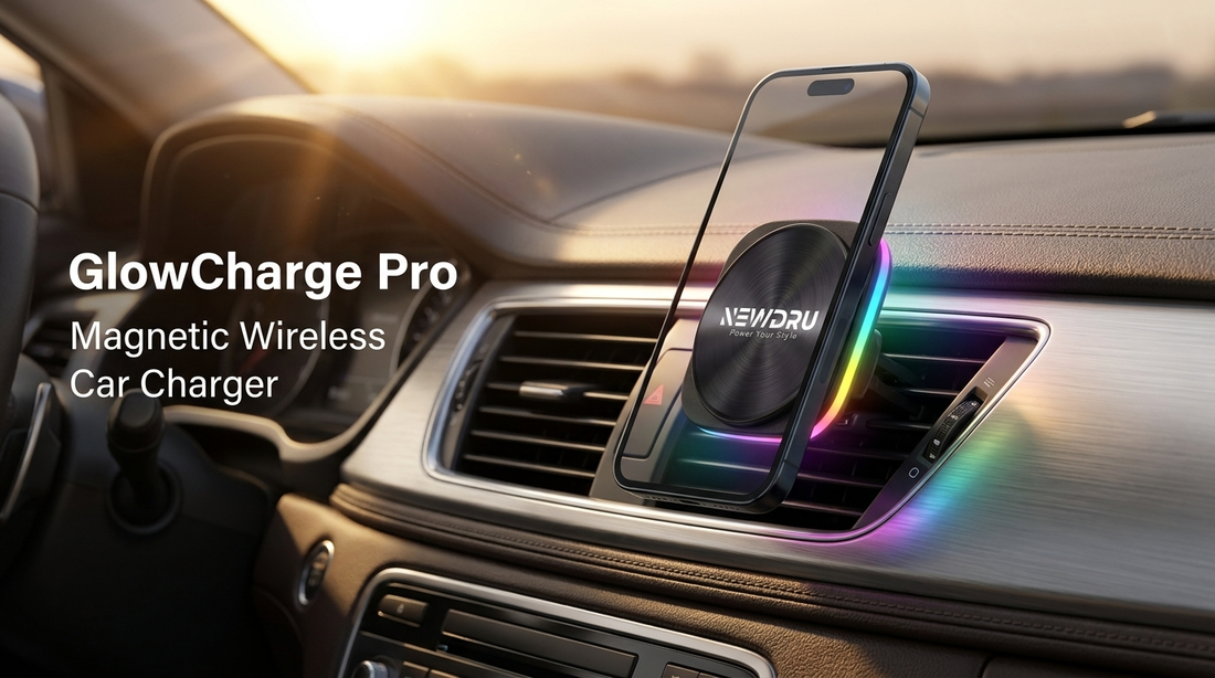 NEWDRU GlowCharge Pro magnetic wireless car charger mounted on a car dashboard air vent charging a smartphone
