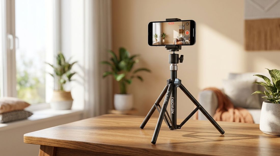 TripGrip Pro adjustable foldable phone tripod stand on a desk with smartphone mounted for video recording