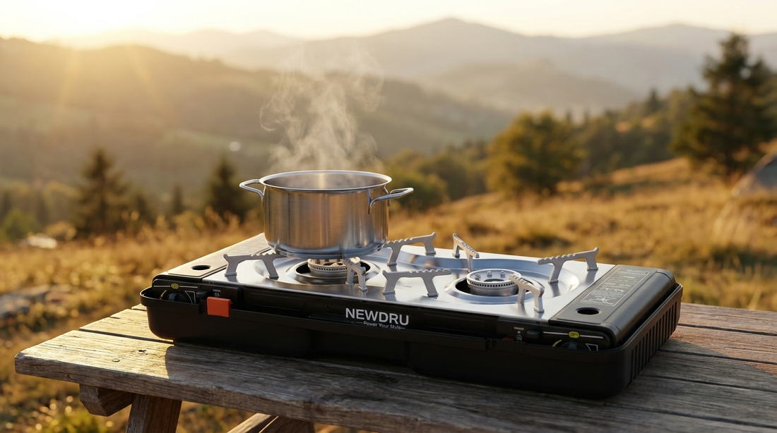 NEWDRU portable double burner gas stove set up on a camping table at an Indian hillside campsite