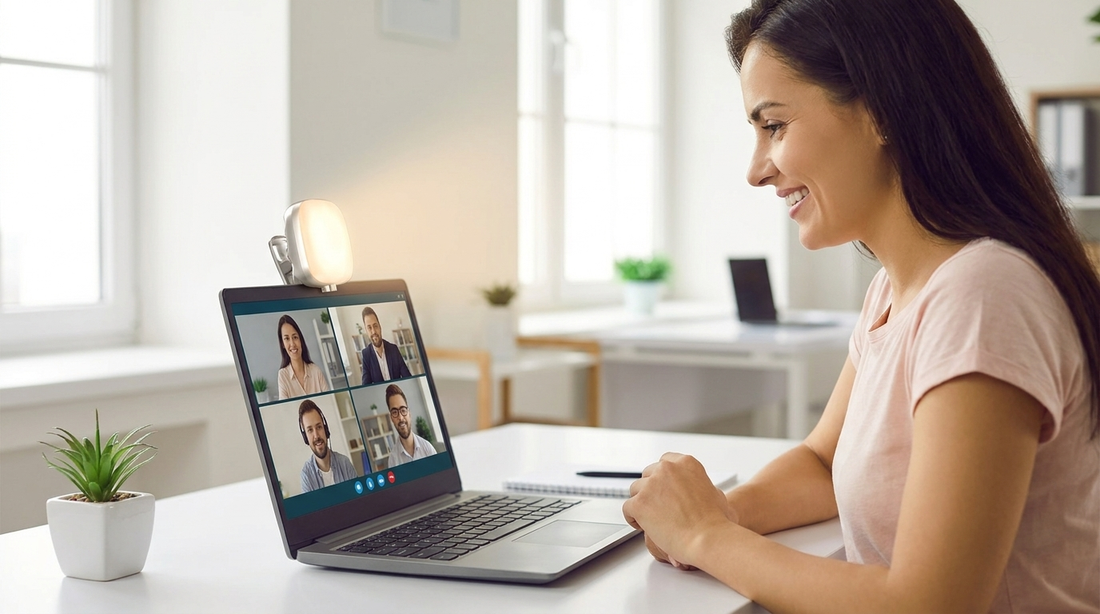 NEWDRU GlowPro Clip conference light clipped to a laptop, lighting a woman's face during a video call