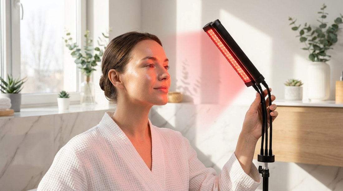 Woman using the NEWDRU RadianceTherm Pro red light therapy device on her face for glowing skin