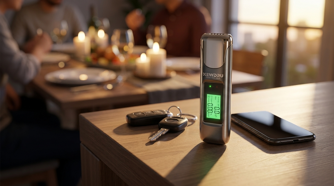 NEWDRU digital alcohol tester machine on a table with car keys, showing a green safe reading