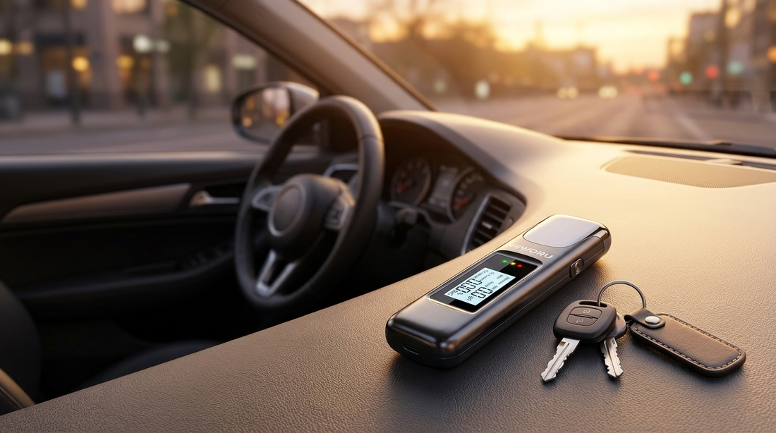 NEWDRU digital alcohol tester on a car dashboard with keys, symbolising drink-driving safety in India