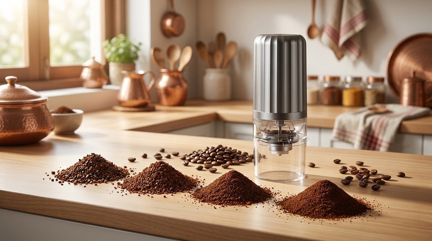 GrindMaster Pro electric coffee grinder beside four piles of ground coffee from coarse to fine on a wooden kitchen counter