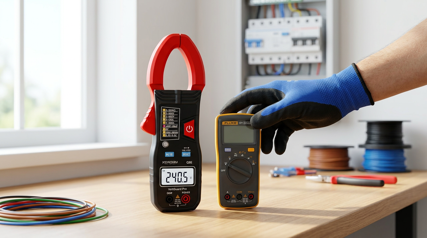 NEWDRU VoltGuard Pro digital clamp meter next to a digital multimeter on a workbench, comparison