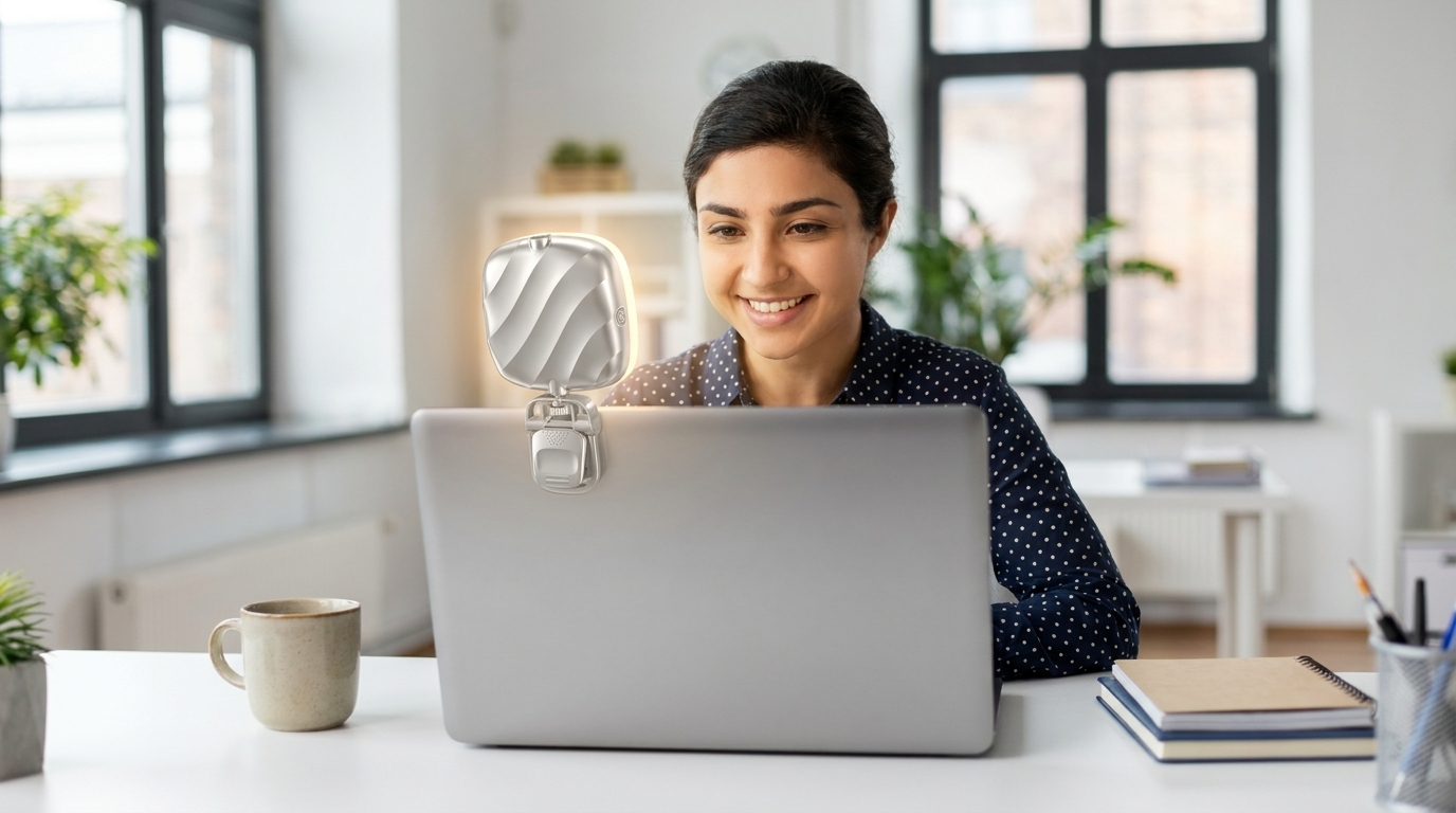 NEWDRU GlowPro Clip clip-on ring light attached to a laptop, brightening a woman's face on a video call