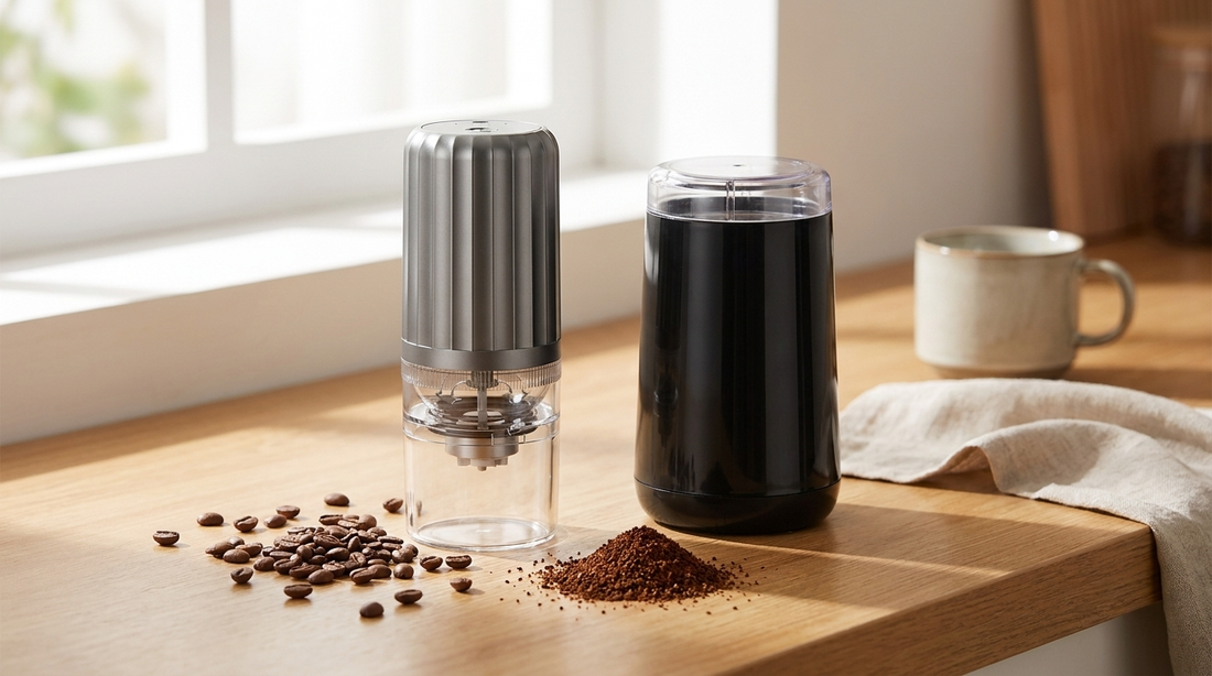 NEWDRU GrindMaster Pro electric burr-style coffee grinder next to a traditional blade grinder with fresh coffee beans