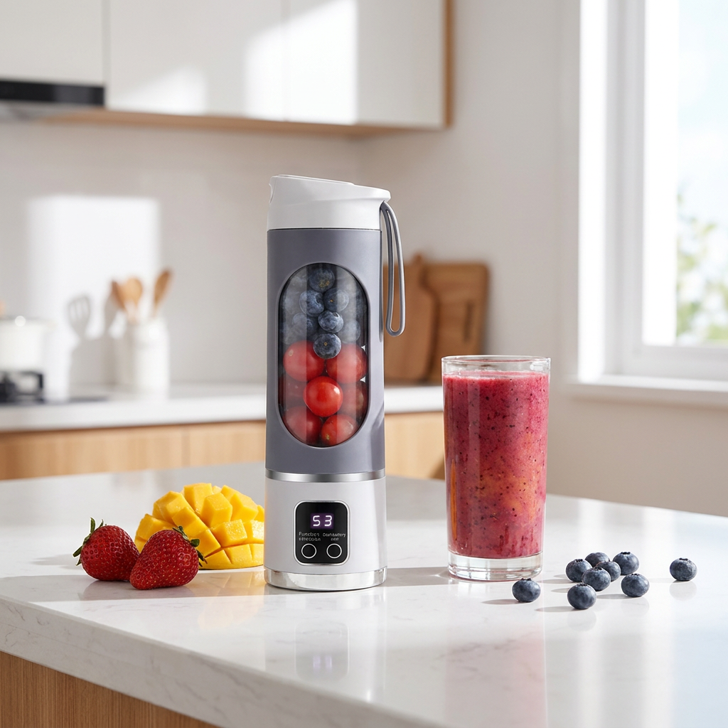 NEWDRU portable blender on a kitchen counter with fresh fruit and a smoothie