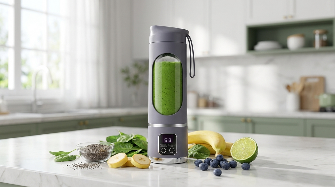 NEWDRU portable rechargeable blender bottle filled with a green spinach and banana weight-loss smoothie on a bright kitchen counter surrounded by fresh fruit and chia seeds