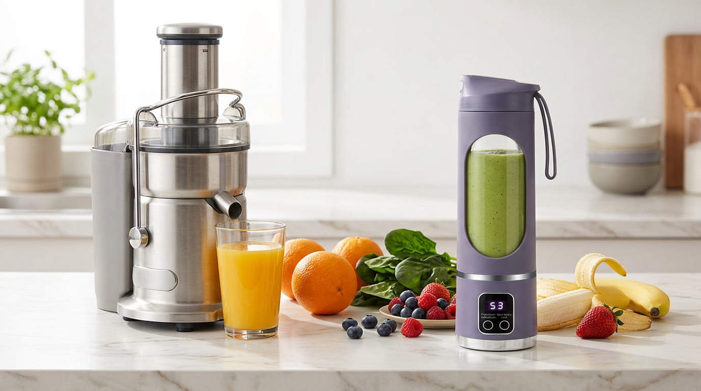 Juicer vs blender comparison: a stainless steel juicer with orange juice beside a NEWDRU portable blender bottle filled with a green smoothie
