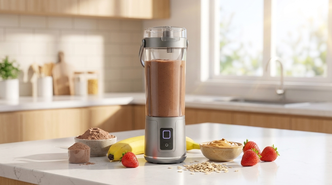 NEWDRU portable blender bottle filled with a chocolate protein shake on a kitchen counter with banana, oats, peanut butter and protein powder