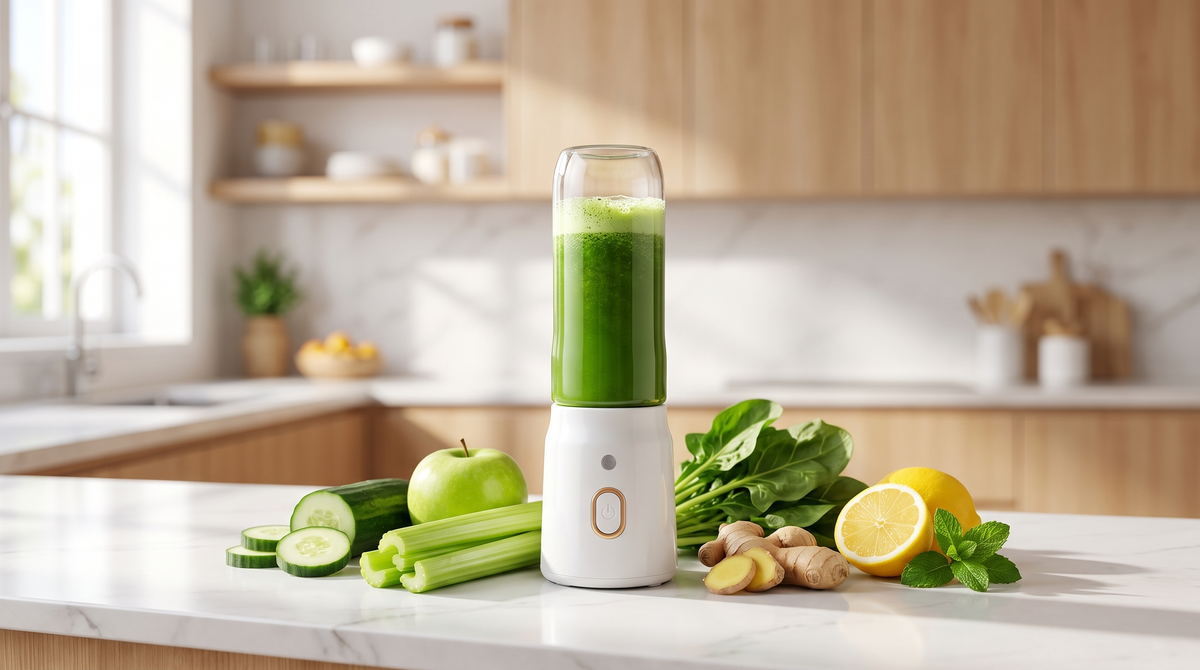 NEWDRU portable juicer bottle filled with green detox juice on a marble kitchen counter surrounded by cucumber, green apple, celery, spinach, ginger and lemon