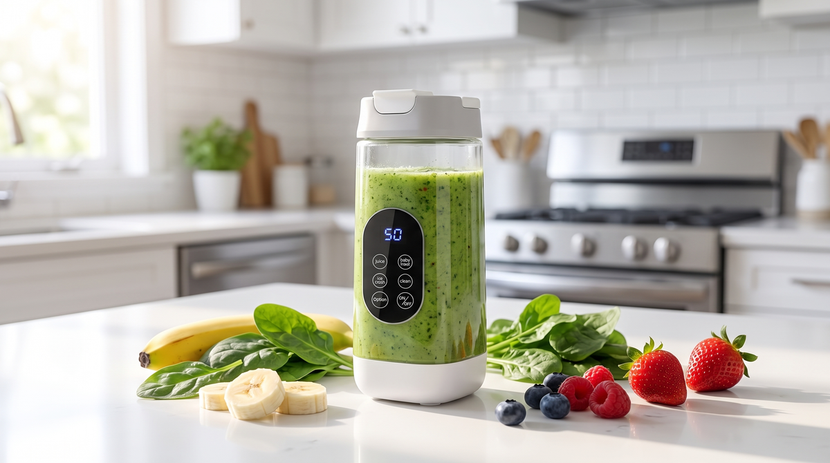 NEWDRU portable blender bottle filled with a thick green smoothie beside fresh banana slices, spinach and berries on a bright kitchen counter
