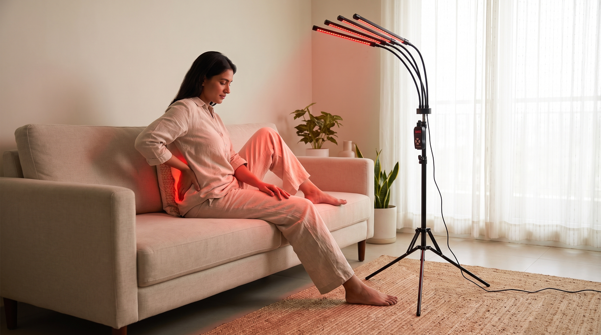 Person using the NEWDRU RadianceTherm Pro red light therapy device on their lower back at home for pain relief