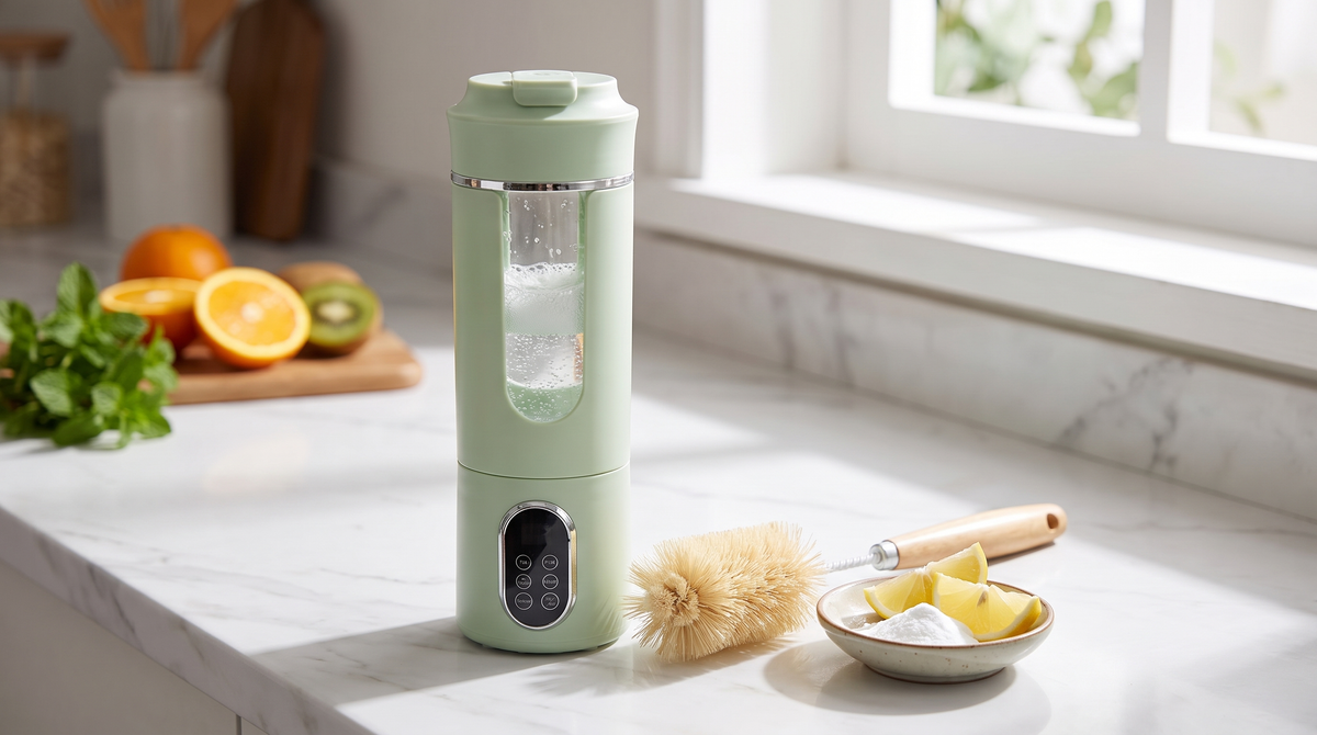 How to clean a blender - portable blender bottle being cleaned with soapy water, bottle brush, lemon and baking soda on a bright kitchen counter