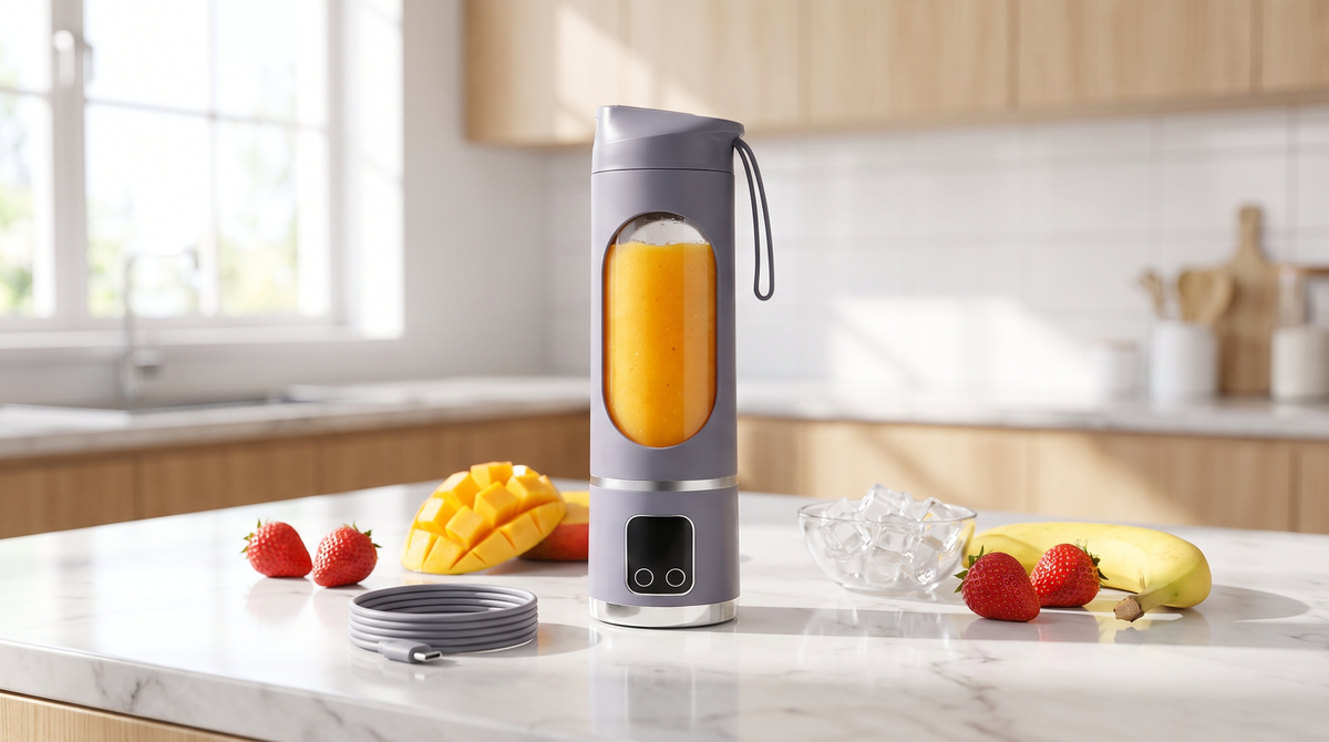 USB-C rechargeable portable blender bottle on a marble kitchen counter with a charging cable, mango smoothie and fresh fruit